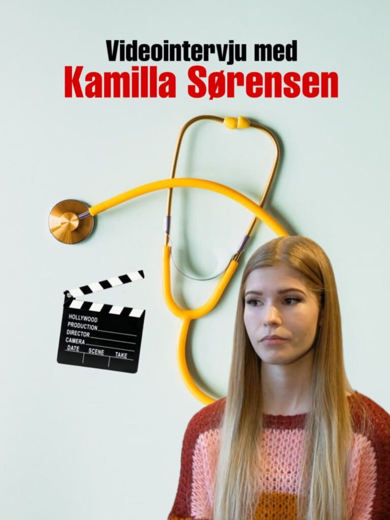Camilla Sørensen i en rød og rosa genser. I bakgrunnen er et gult stetoskop. Foto